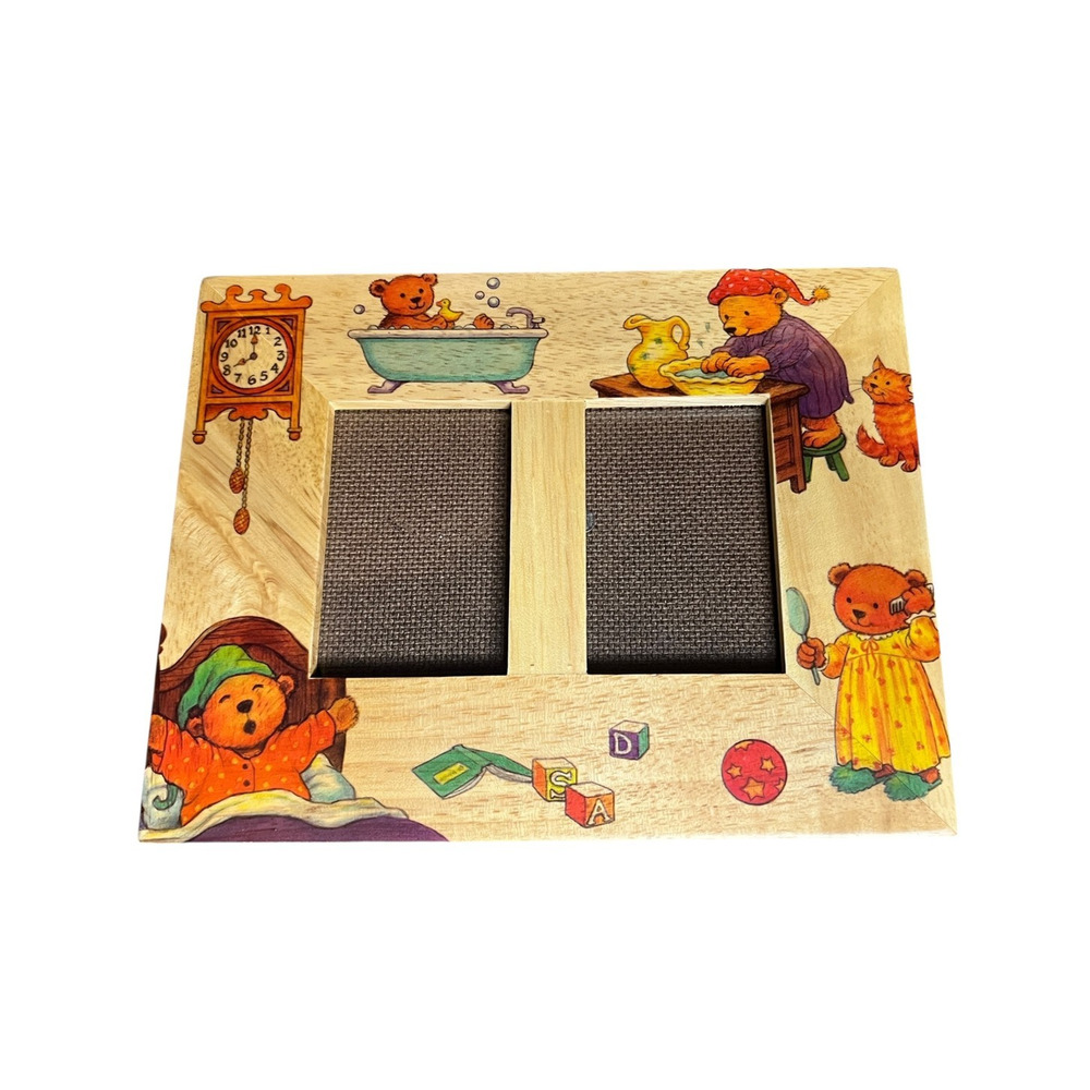 Fetco Wooden Double Photo Frame Teddy Bear Nursery Decor Vintage Style 2-Opening